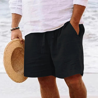 maoxiangshop Men's summer cotton and linen shorts with drawstring elastic waist, straight legs, solid color, breathable daily beach capris