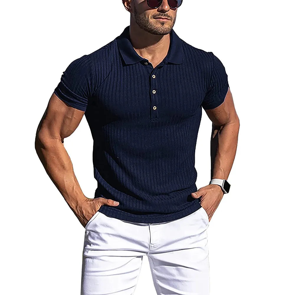 maoxiangshop New Summer Polo Men Solid Stripe Fitness Elasticity Short Sleeve Polo Shirts for Men Fashion Stand Collar Mens Shirts