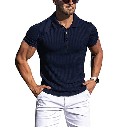 maoxiangshop New Summer Polo Men Solid Stripe Fitness Elasticity Short Sleeve Polo Shirts for Men Fashion Stand Collar Mens Shirts