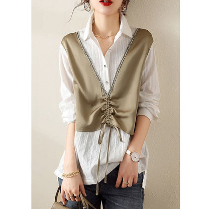 Women's Korean Patchwork Fake Two Pieces Shirts Spring Autumn Trendy Loose Chic Blouse Simple Casual Drawstring Long Sleeve Tops