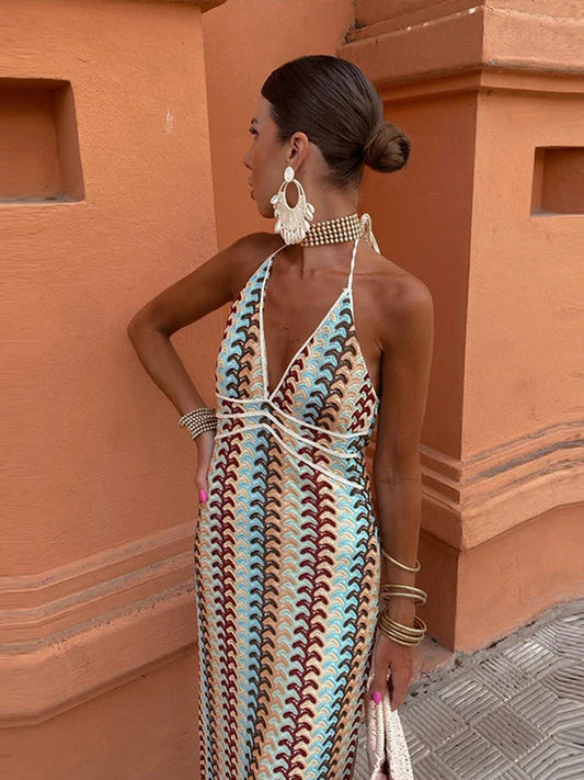 Vintage Knit Striped Maxi Dress Women Sexy V-neck Backless Sleeveless Lace Up Female Dresses 2024 Summer Elegant Lady Beach Robe