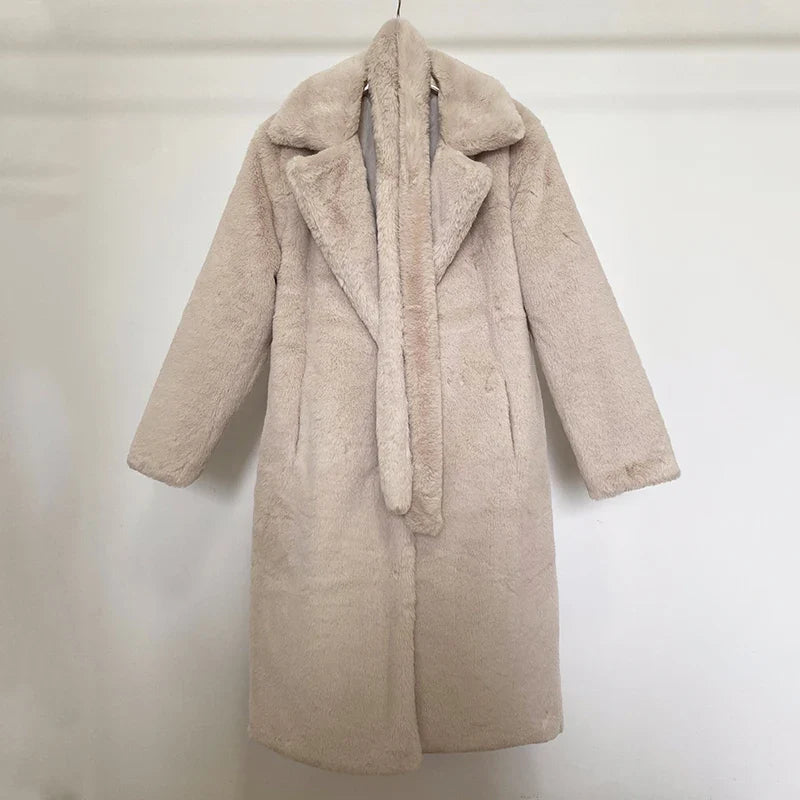 maoxiangshop  -  Luxury Winter Long Overcoats Women Oversized Lapel Belted Faux Rabbit Fur Coat Jacket Female Plus Size Outerwear Plush Fur Coats
