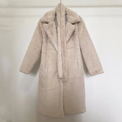 maoxiangshop  -  Luxury Winter Long Overcoats Women Oversized Lapel Belted Faux Rabbit Fur Coat Jacket Female Plus Size Outerwear Plush Fur Coats