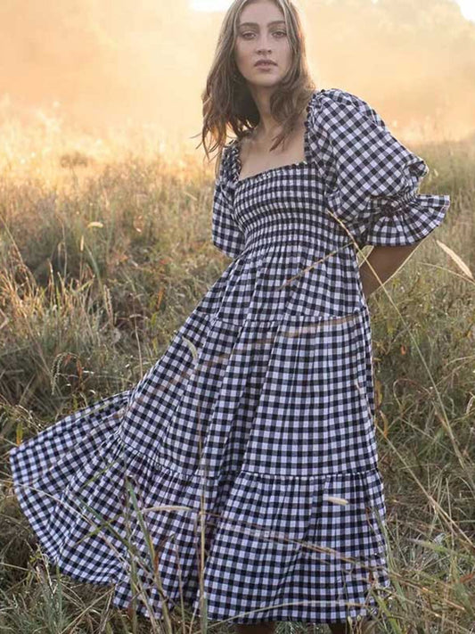 Jastie Vintage Plaid Cotton Summer Dress for Women Bow Tied Back Smocked Bust Midi Dress New Boho Beach Dress Female Vestidos