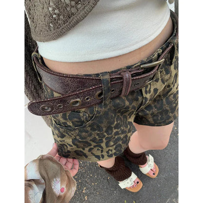 maoxiangshop  -  Vintage Women's Denim Shorts Hight Waisted Pockets  Leopard Print Y2k Casual Jeans Cargo Pants Gothic Short Jeans 2024 Summer