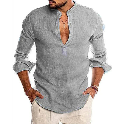 maoxiangshop Mens Button Down Shirt Linen Cotton Shirts Casual Long Sleeve Spread Collar Lightweight Beach Solid Color Tops