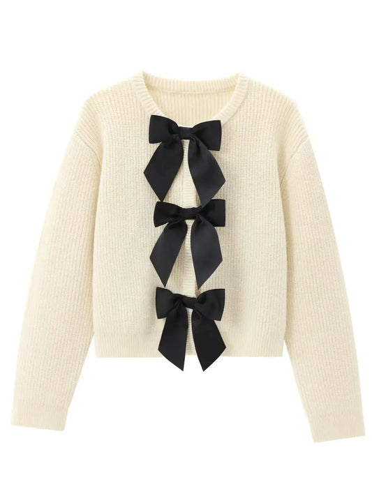 maoxiangshop  -  2024 Autumn/Winter Women Bow Knit Cardigan High Street Round Neck Long Sleeve Tie Versatile Female Knitted Coat