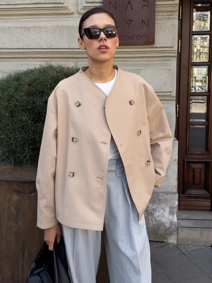 maoxiangshop  -  Fashion Solid Color Double-breasted V-neck Women's Jacket Casual Long Sleeved Versatile Coats New Autumn Commute Outerwear 2024