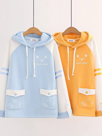 maoxiangshop Japan Kawaii Fleece Warm Hoodie Women Cute Clothes Yellow Girls Thick Sweatshirt Female Winter Hooded Long Sleeve Pullovers Blue