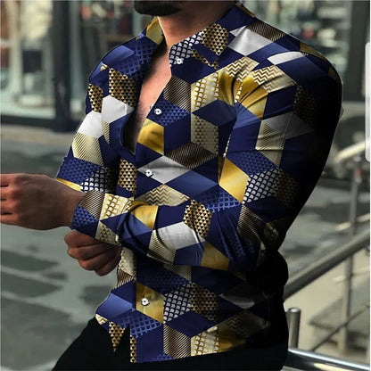 maoxiangshop Geometric Pattern Men's Fashion Shirt Long Sleeve Slim Fit Trendy Casual Tops Men's Clothing Graffiti Streetwear Oversized S-6XL