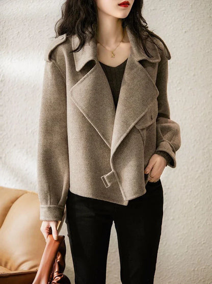 maoxiangshop Women's Coat Woolen Blends Long Sleeve Autumn Short Coats Office Lady Turn-down Collar Thick Loose Winter Jackets for Women