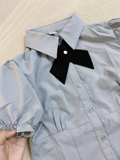 maoxiangshop  -  Japanese Style 2 Piece Sets Women's Outfits Cute Short Sleeve Ruffles Sailor Collar Slim Waist Bowknot Shirts and Skirt Student