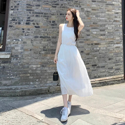 maoxiangshop Summer Square Collar Embroider White Dress Women Elegant Party Solid Drawstring Female Sundress Fashion Chic Midi Dresses