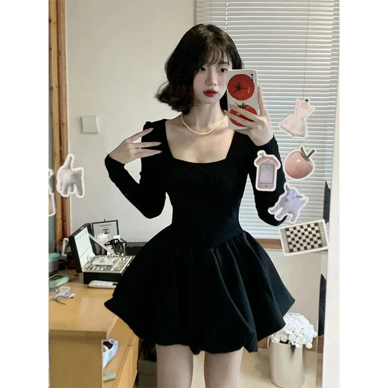 maoxiangshop-Y2K Black Mini Dress Women Korean Square Collar Long Sleeve One Pieces Dresses Party Prom Elegant Bodycon A Line Vestidos