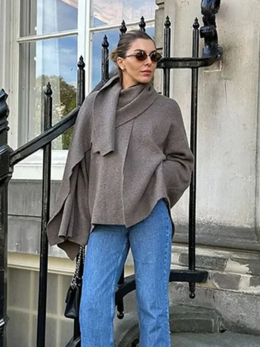 maoxiangshop  -  Elegant Women's Asymmetric Knitted Scarf Sweaters Women O-neck Single Button Side Slit Thick Cardigans Autumn Female Outerwear