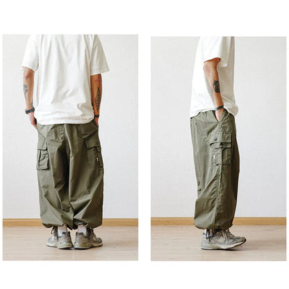 maoxiangshop Multi-Pocket Cargo Pants Men's Casual Solid Colour Straight Pants Baggy Wide-leg Cropped Pants Men Ankle-length Pants