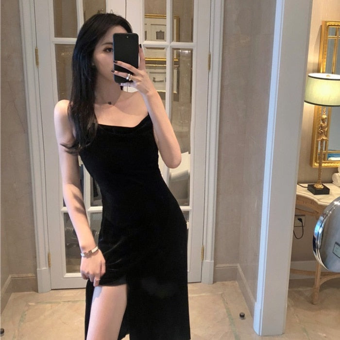 maoxiangshop New Vintage Women Dress Spaghetti Strap Slit Velvet Black Dress Sexy Bodycon Bandage Dress Midi Party Dress Verano Vestidos