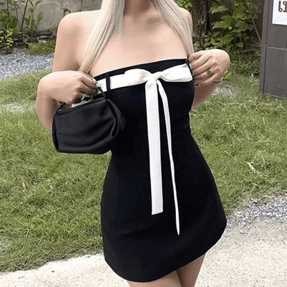 maoxiangshop E-girl Gothic Kawaii Bow Mini Dress Korean Sweet Girl Lace Trim A-line Dress Fairycore Grunge 00s Retro Y2K Coquette Streetwear