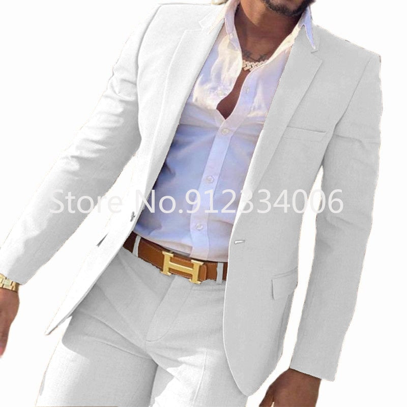 maoxiangshop 2 Pieces Beige Suit for Men Slim Fit Wedding Groom Tuxedo Groomsmen Suits Male Fashion Smoking Costume Homme Blazer with Pants