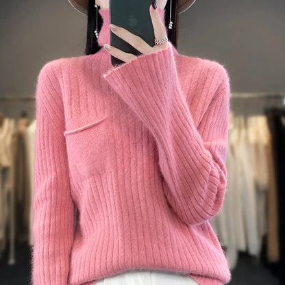 maoxiangshop Pure Mink Cashmere Sweater Women,High Pile Neck Knit Jumper,Wide Strip Large Size Long Sleeves,Autumn,Hot Sale