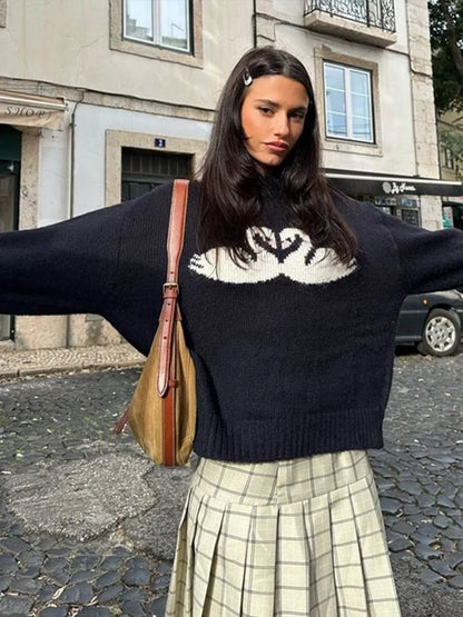 maoxiangshop  -  Casual Knitted Printed Half Neck Sweater Women Vintage Loose Black Swans Pullover Sweaters Female Autumn Chic Elegant Knitwear
