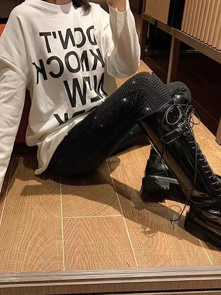 maoxiangshop  -  Sparkly Crystal Pants Women Leggings Autumn Winter High Waist Elastic Bodycon Long Penci Pant Streetwear Y2K Pants Tights