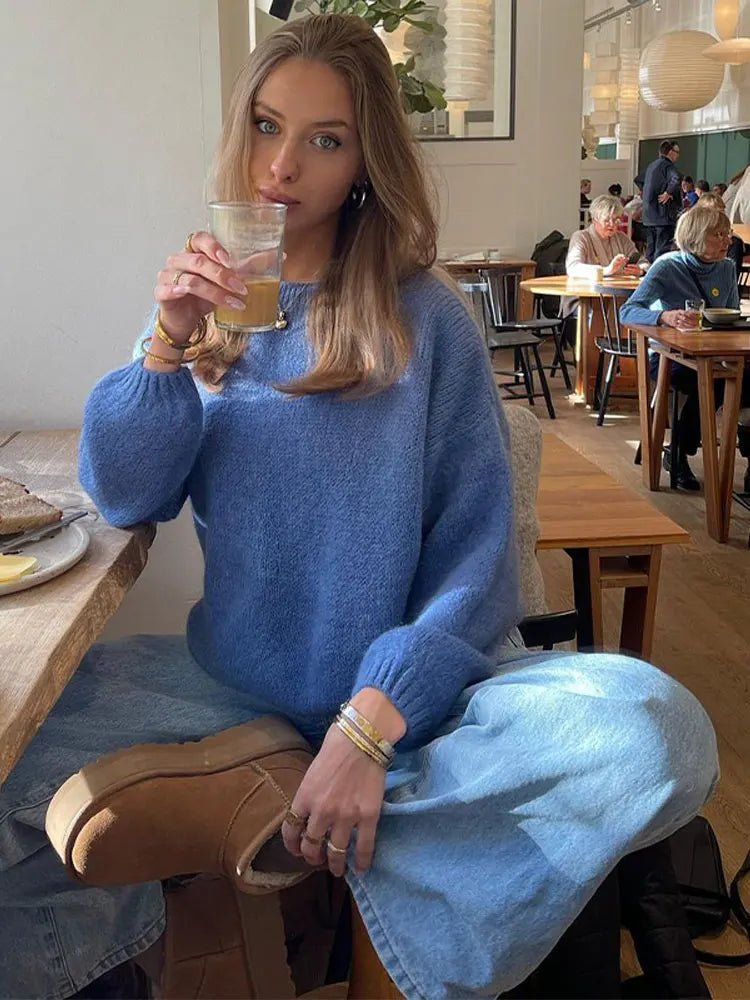 maoxiangshop -  Solid Color Round Neck Long Sleeved Sweater Women Loose Blue Warm Pullover Autumn Winter Fashion Female Street Jumper