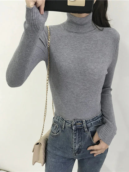 maoxiangshop 2024 Autumn Winter Thick Sweater Women Knitted Ribbed Pullover Sweater Long Sleeve Turtleneck Slim Jumper Soft Warm Pull Femme