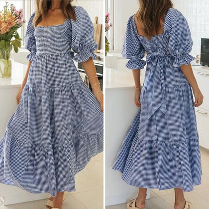 Jastie Vintage Plaid Cotton Summer Dress for Women Bow Tied Back Smocked Bust Midi Dress New Boho Beach Dress Female Vestidos