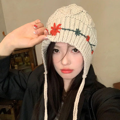 maoxiangshop  -  Knitted Beanies Hat for Women Bohemian Tassel Flower Crocheted Woolen Pullover Cap Autumn Winter Warm Thicken Ear Protection Cap