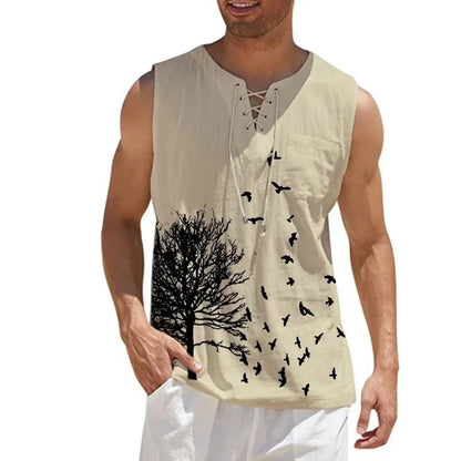 maoxiangshop Plus Size 4xl 5xl Mens Boho Tree Birds Print Shirts Summer Bandage Tops Men Sleeveless Blouse Male Pullovers Casual Shirt