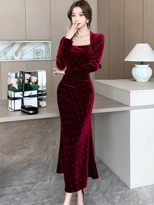 maoxiangshop Autumn Winter Red Velvet Diamonds Square Collar Long Dress Women Elegant Luxury Festival Dress Gown 2024 Korean Vintage Vestidos