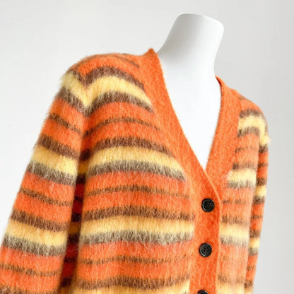 maoxiangshop Striped Cardigan Fuzzy Wuzzy Border Cardigan V-Neck Button Up Knitted Sweater Jacket Women Unisex Autumn Winter