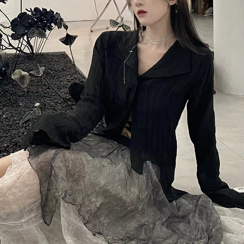 Gothic Women Black Shirts Korean Dark Academic Female Designed Irregular Tops Spring Fashion Streetwear Y2K Blouse