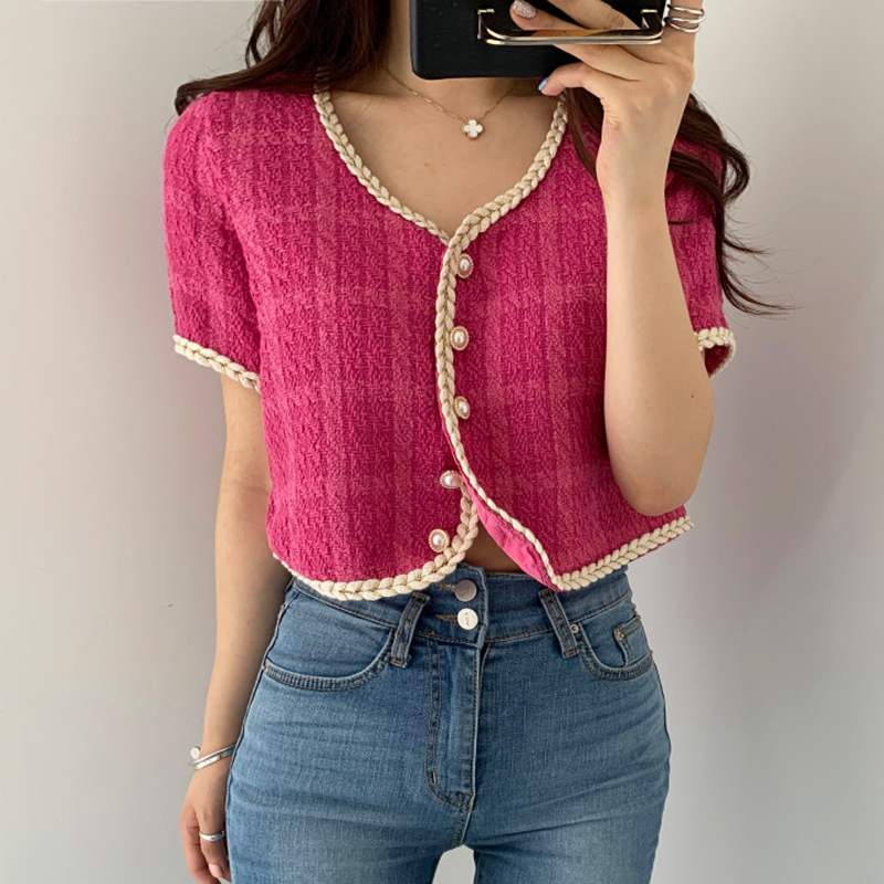 2023 Summer New Elegant Retro Short Korean Plaid Tweed Cardigan Women Fashion Short Sleeved Thin Short Jacket Female Elegant Top