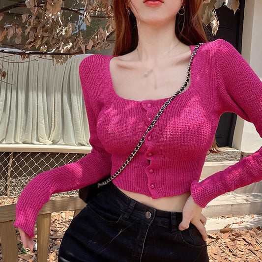 Women Autumn Long Sleeve Sweater Square Neck Slim Crop Top Female Winter Korean Solid Short Button Knitted Tops Chic Sweaters