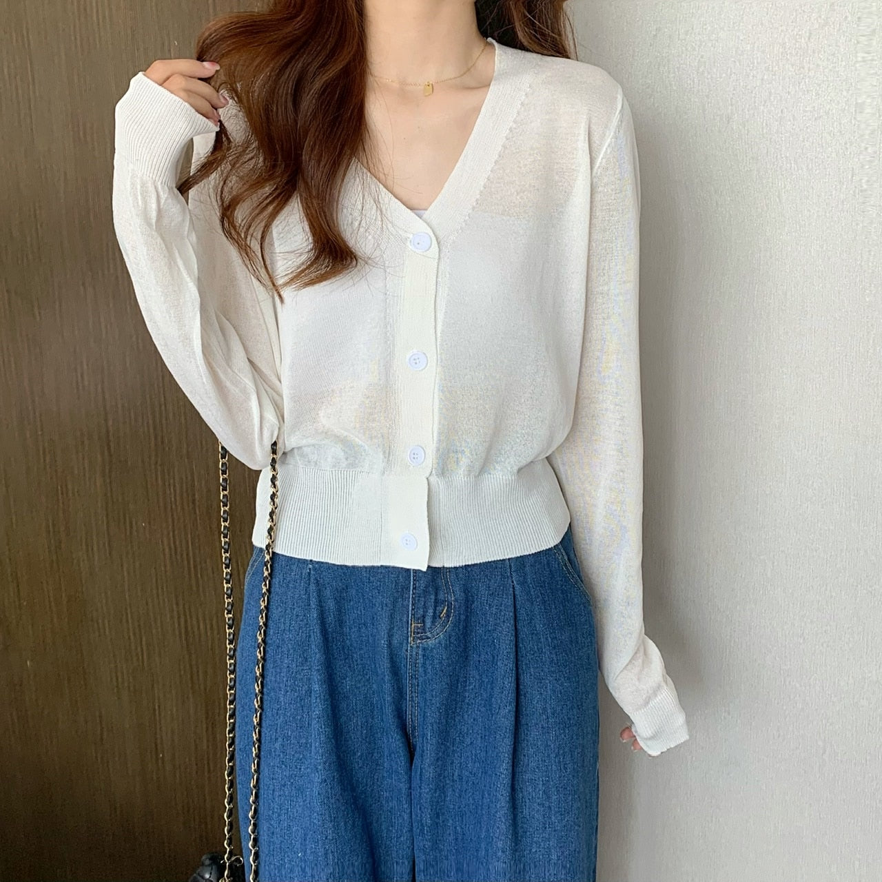 maoxiangshop Summer V Neck Cardigan Women Casual Transparent Sweater Shirts Lady Simple Thin Solid Outwear Female Crop Top