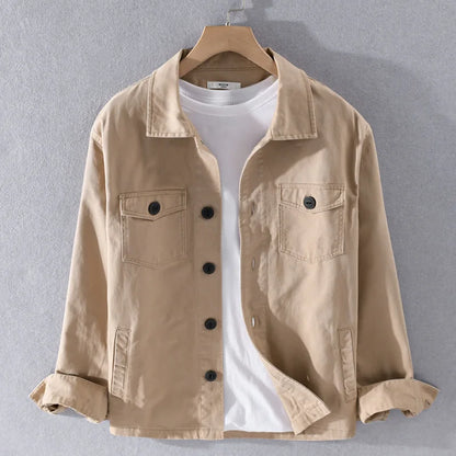 maoxiangshop 100% Cotton Tooling Japanese Jacket, New Coat Men's Long Sleeve Khaki Shirt, Casual Cotton Comfortable Thick Shirt camping