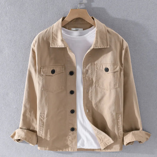 maoxiangshop 100% Cotton Tooling Japanese Jacket, New Coat Men's Long Sleeve Khaki Shirt, Casual Cotton Comfortable Thick Shirt camping