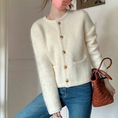 maoxiangshop Elegant Knitted White Jacket Women Round Neck Autumn Winter Fuzzy Cardigan Woman New Long Sleeve Sweater Jacket