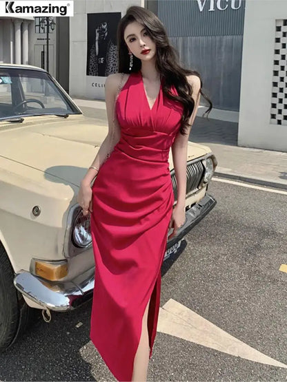 Summer Elegant Sexy V-Neck Split Bodycon Sheath Pencil Dress Women Pleated White Party Dresses Female  Work  Clothes