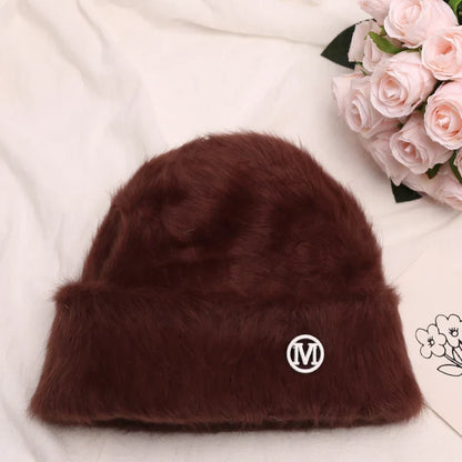 maoxiangshop New Fashion Rabbit Fur Y2k Beanies for Women Soft Warm Fluffy Angola Winter Hat Female Windproof Bonnet Hat Skullies Cap