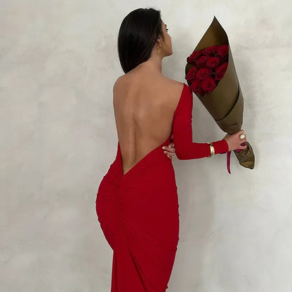 maoxiangshop Backless Maxi Dress Elegant Red Long Sleeve Sexy Ruched Bodyocn Evening Party Dress for Women Spring Slim Christmas Outfits
