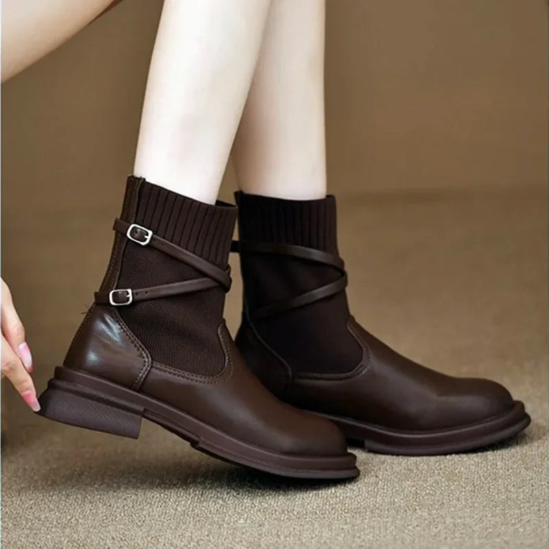 maoxiangshop  -  Knitted Elastic Socks Boots Women 2024 Winter Warm Chunky Heel Platform Ankle Boots Leather Pu Belt Buckle Design Botas Mujer