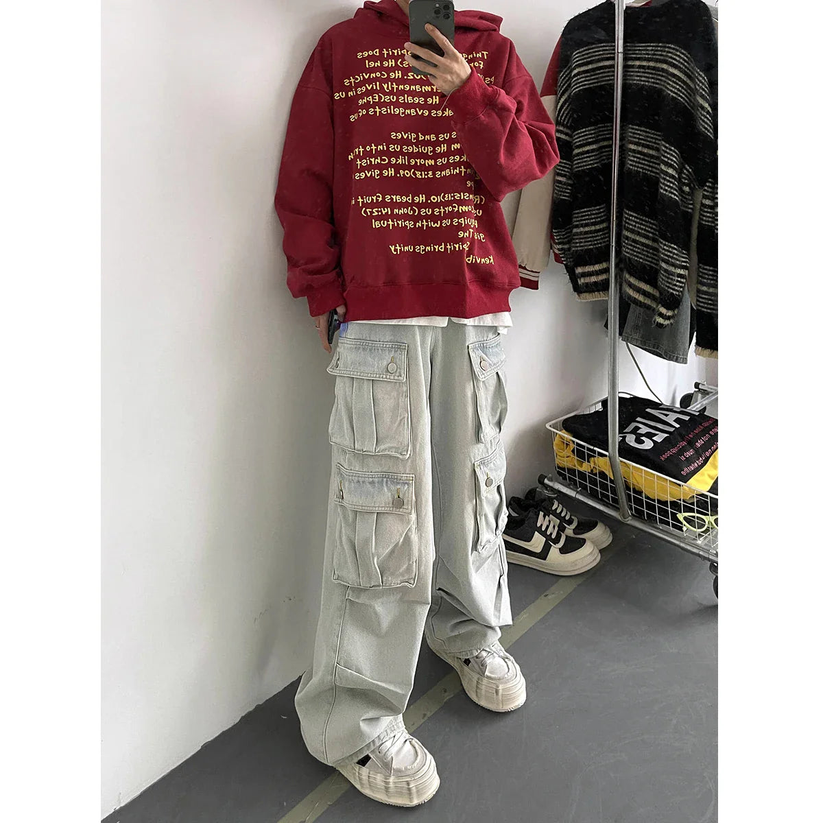 maoxiangshop Light Blue Cargo Jeans Men's Patchwork Straight Casual Trousers Men Muti-pockets Hip Hop Streetwear Loose Fashion Pants