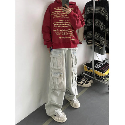 maoxiangshop Light Blue Cargo Jeans Men's Patchwork Straight Casual Trousers Men Muti-pockets Hip Hop Streetwear Loose Fashion Pants