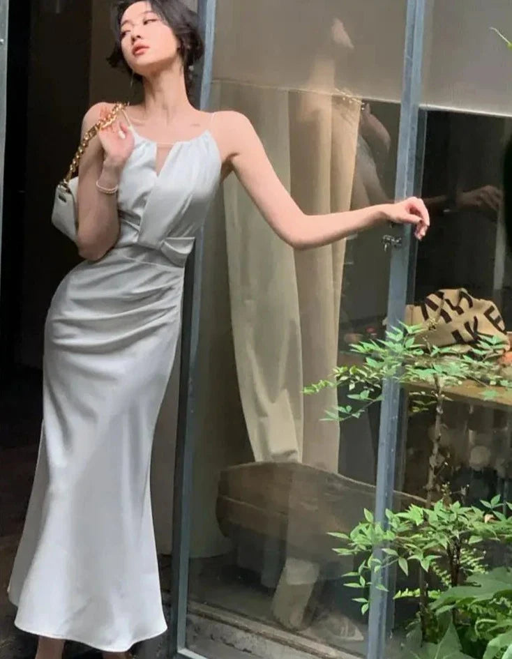 French Elegant Slim Wedding Mermaid Long Dress Summer Female Sexy Sleeveless Chic Bodycon Satin Vestidos Evering Party Prom Robe