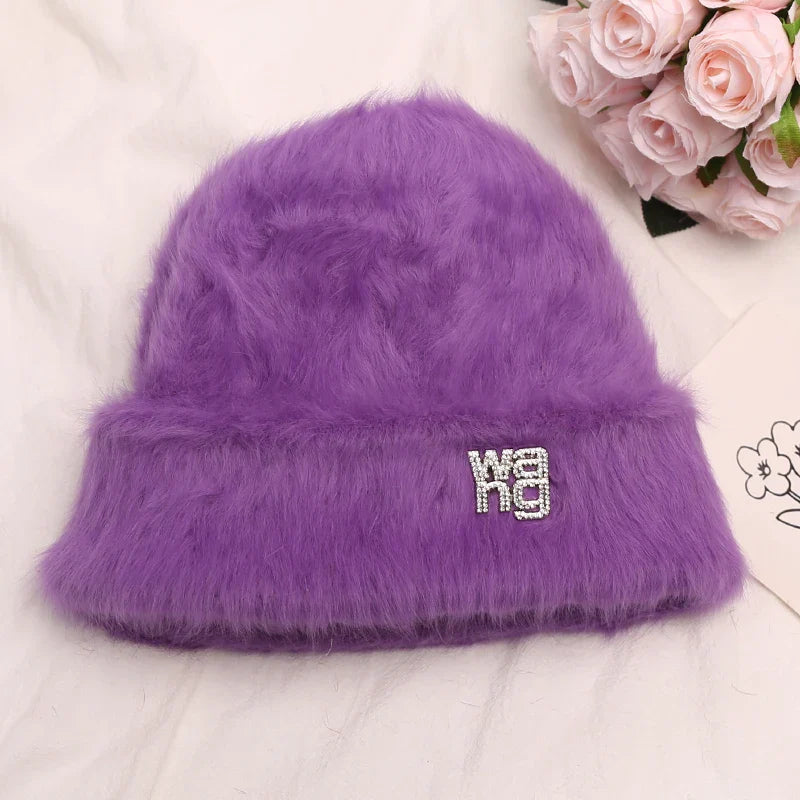 maoxiangshop New Fashion Rabbit Fur Y2k Beanies for Women Soft Warm Fluffy Angola Winter Hat Female Windproof Bonnet Hat Skullies Cap