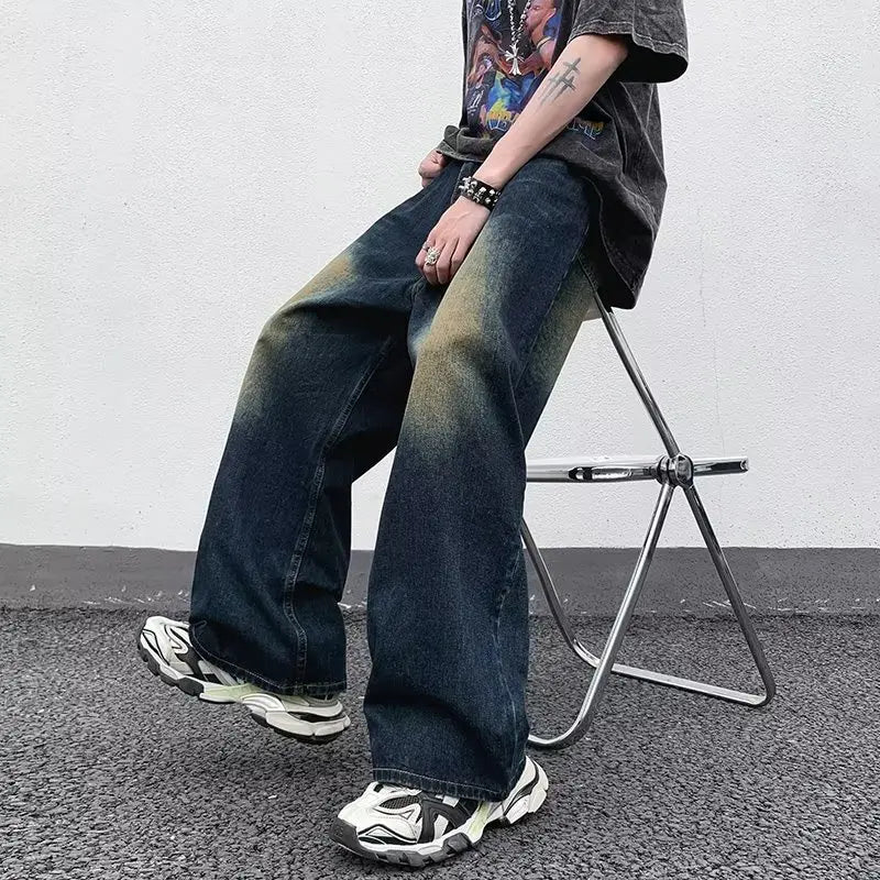 maoxiangshop Men's Jeans Korean Version Student Handsome Casual Pants High Street Straight Loose Wide Leg Jeans Vintage Blue Baggy Jeans