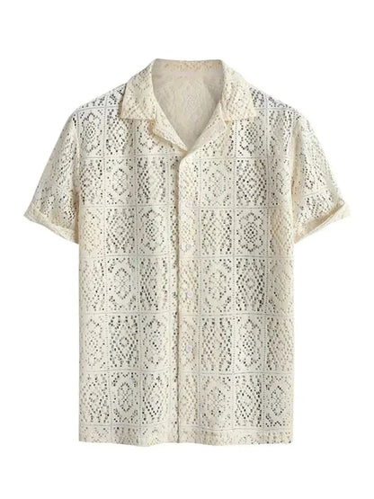 maoxiangshop Hollow Out See-through Men's Shirt Sexy Rose Pattern Short Sleeve Openwork Shirt Summer Streetwear Overshirt Tops Z5094175